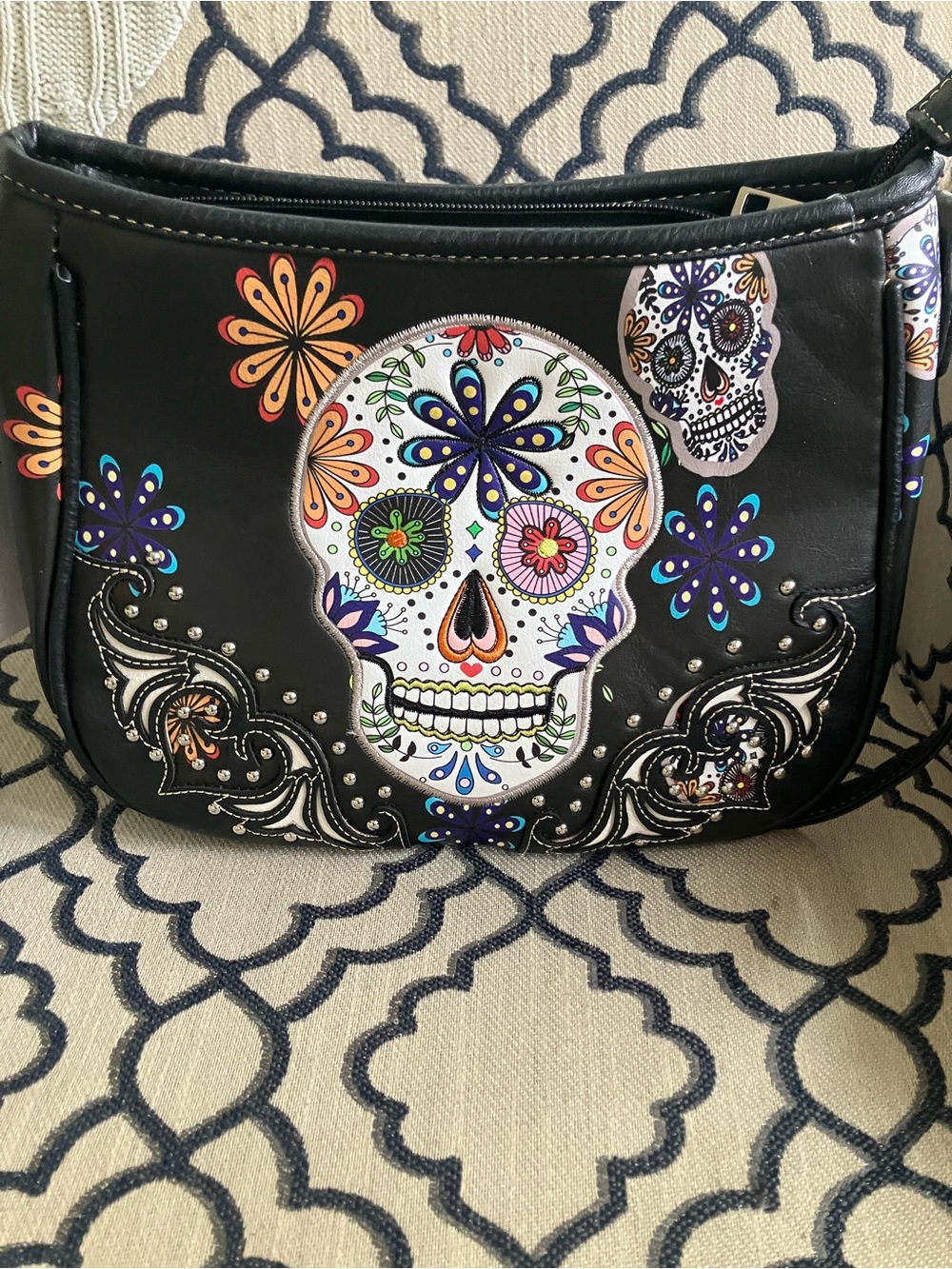 Black Sugar Skull Shoulder Bag with Colorful Floral Accents